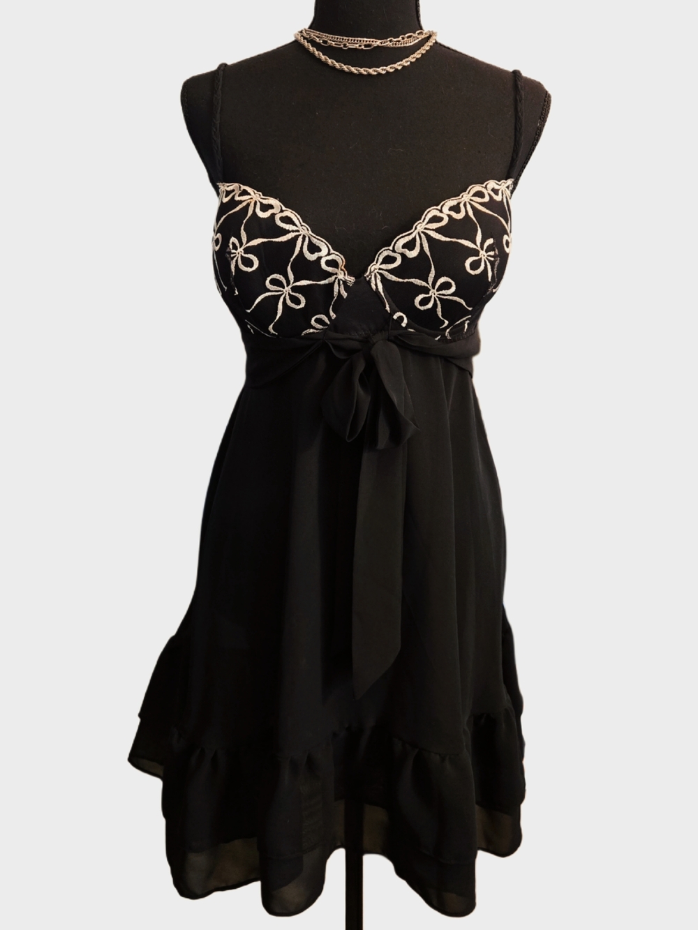 Cute Black Babydoll Chemise with White Floral Embroidery!